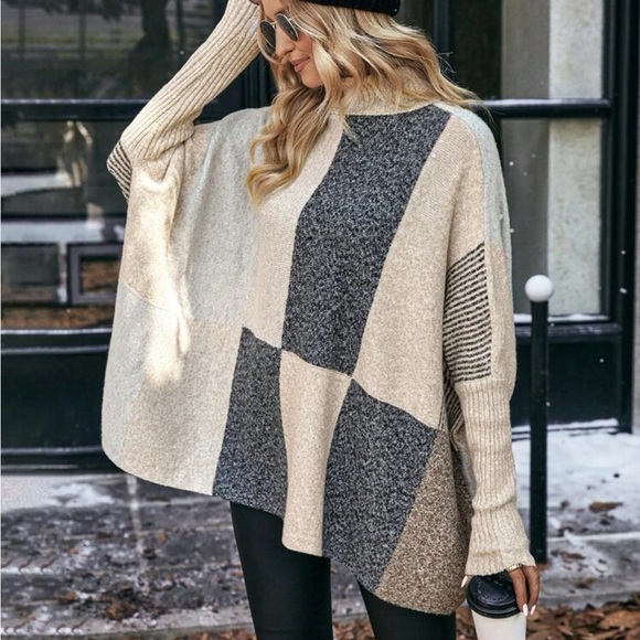 Cozy Color Block Turtleneck Batwing Sleeve Sweater Top - Picture 6 of 7